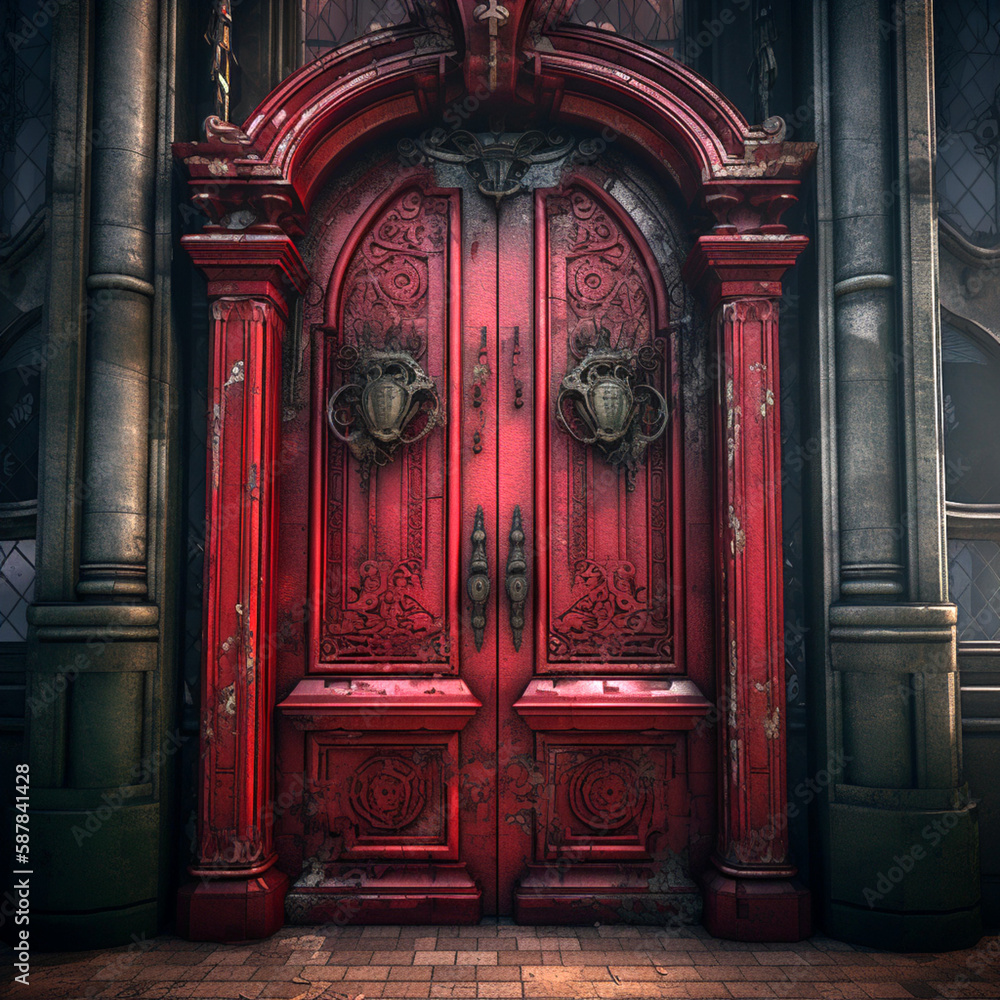 Red rusty creepy metal door in the dark, Generative A Red rusty creepy metal door in the dark, Generative A
