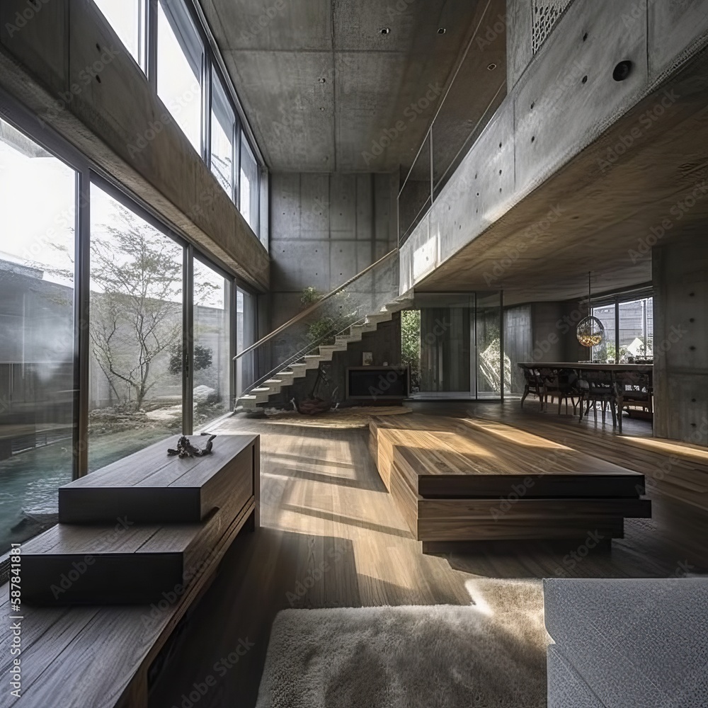 Modern Japanese inspired concrete house, interior design architecture ...