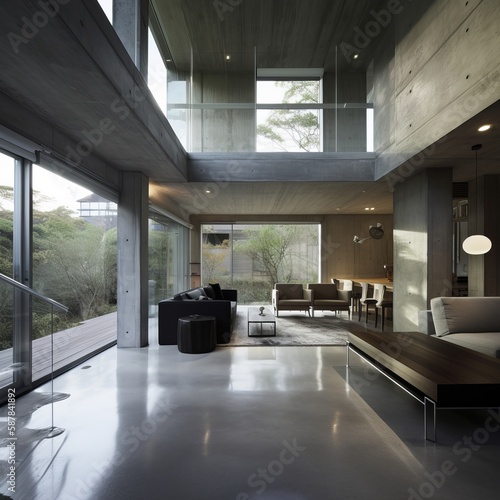 Modern Japanese inspired concrete house, interior design architecture, Japanese architecture, Japan, generative ai. © Kian Sage