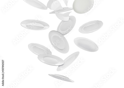 Many ceramic plates falling on white background