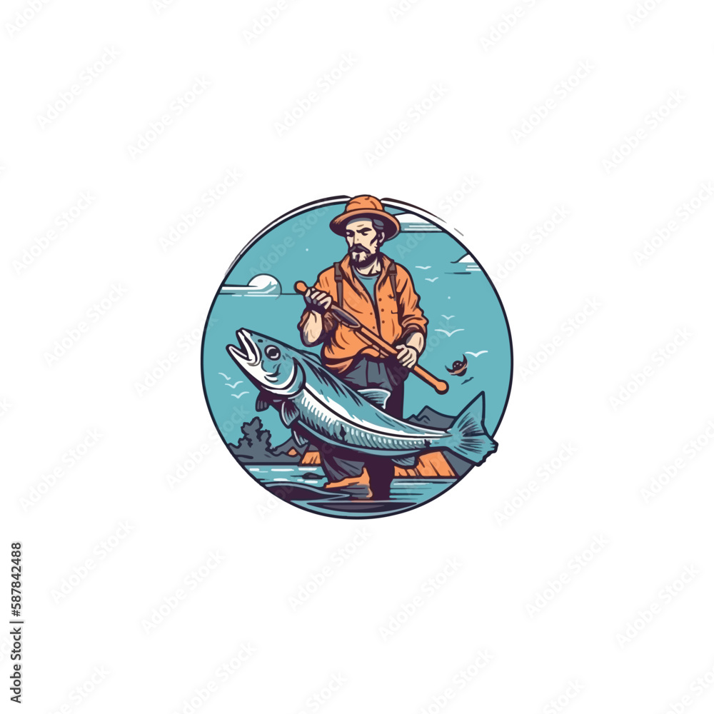 people fishing strike big fish logo vector