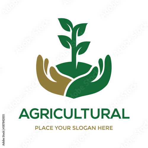 Agricultural vector logo template. This design use hand and plant symbol. Suitable for nature.