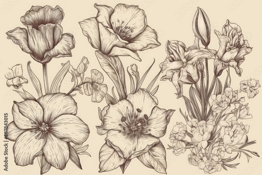 Illustration of colorful flowers on a plain white background. Generative AI Illustration of colorful flowers on a plain white background. Generative AI