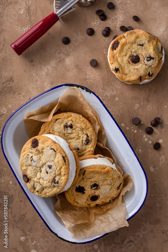 Photography Ice cream sandwiches with vanilla ice cream and chocolate chip cookies
