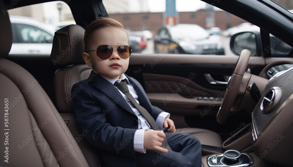 little businessman boy wearing sunglasses and driving a car