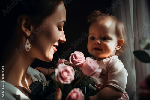 mother and baby with flowers, happy family