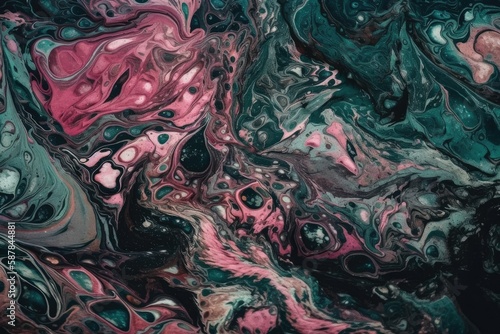 Illustration of an abstract painting with bold pink, green, and black colors. Generative AI