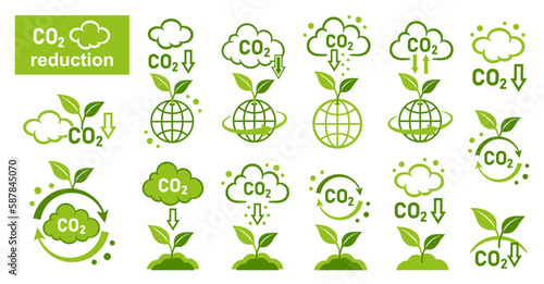 CO2 emission reduction, green plant carbon dioxide recycling, offset, carbonic greenhouse gas reduce icon set. Smoke cloud. Neutral and low level air atmosphere pollution. Clean eco technology. Vector