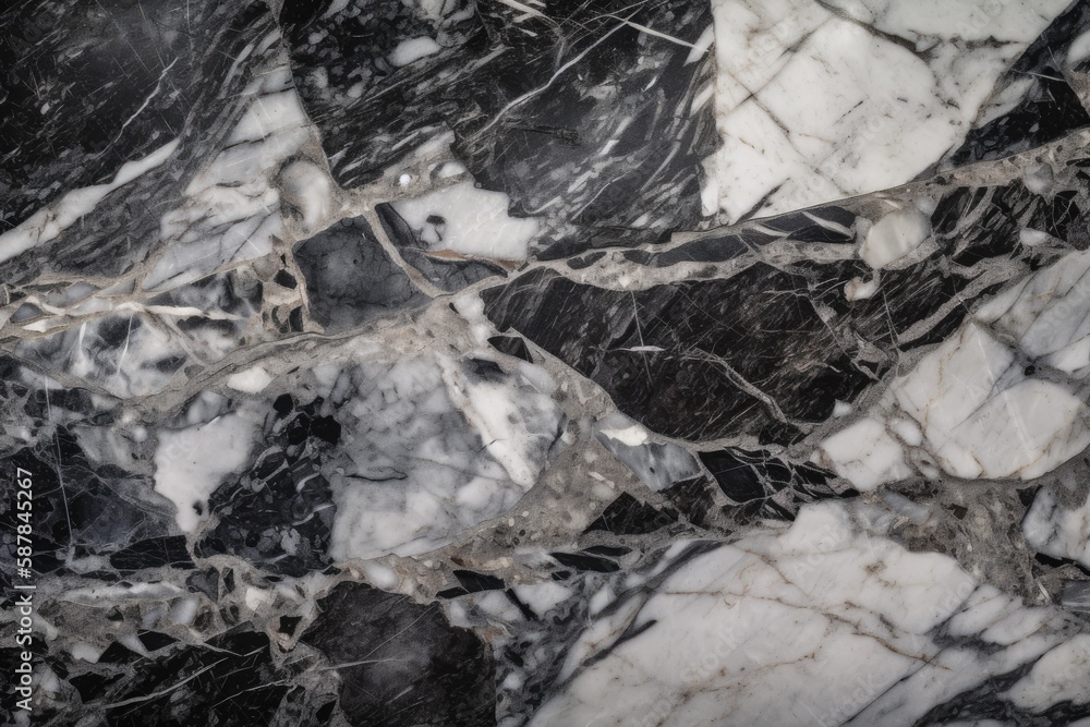 detailed close-up view of a white marble surface with intricate black and grey veining. Generative AI