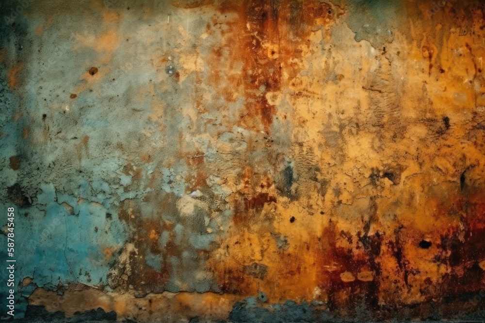 Fototapeta premium weathered wall with peeling blue and yellow paint. Generative AI