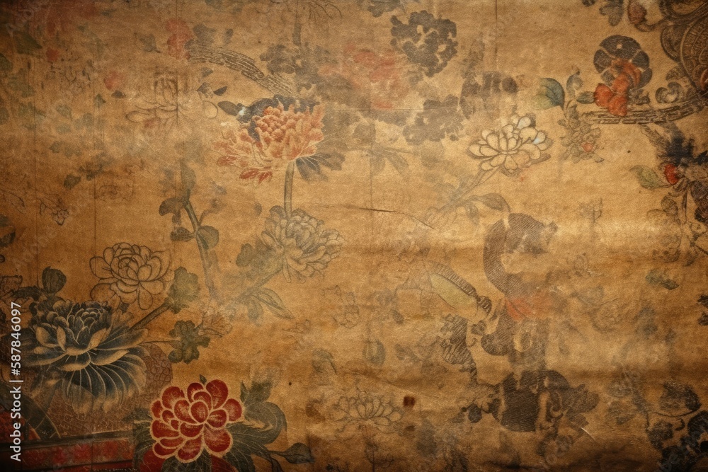 Illustration of an ancient wall covered in intricate floral patterns. Generative AI