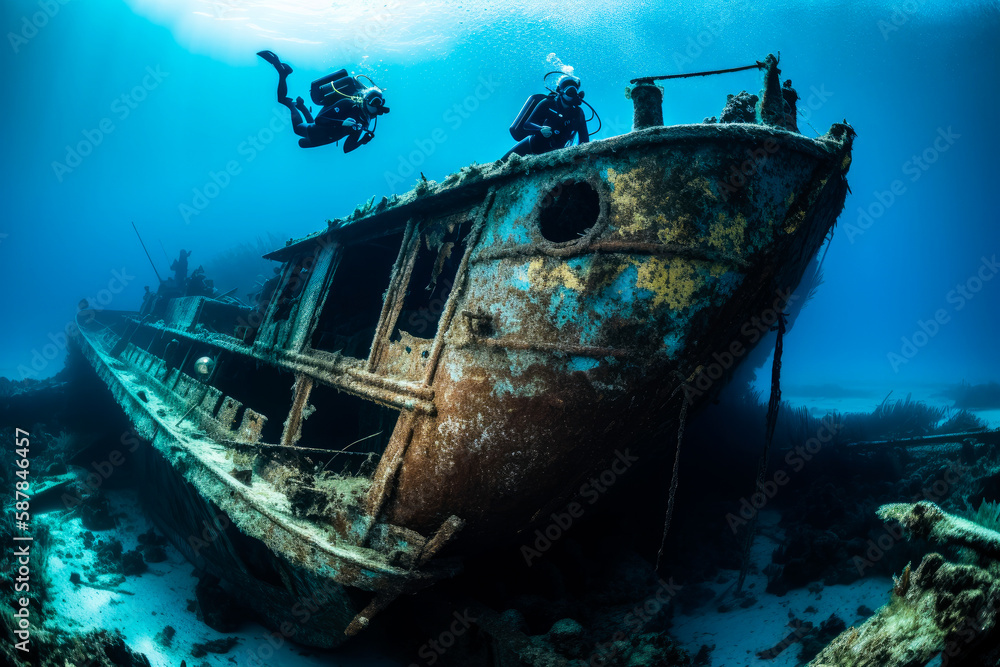 Scuba divers exploring a sunken shipwreck. Underwater mysteries, high quality generative ai Scuba divers exploring a sunken shipwreck. Underwater mysteries, high quality generative ai