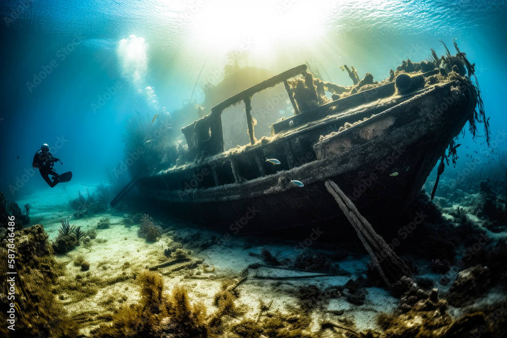 Scuba divers exploring a sunken shipwreck. Underwater mysteries, high quality generative ai Scuba divers exploring a sunken shipwreck. Underwater mysteries, high quality generative ai