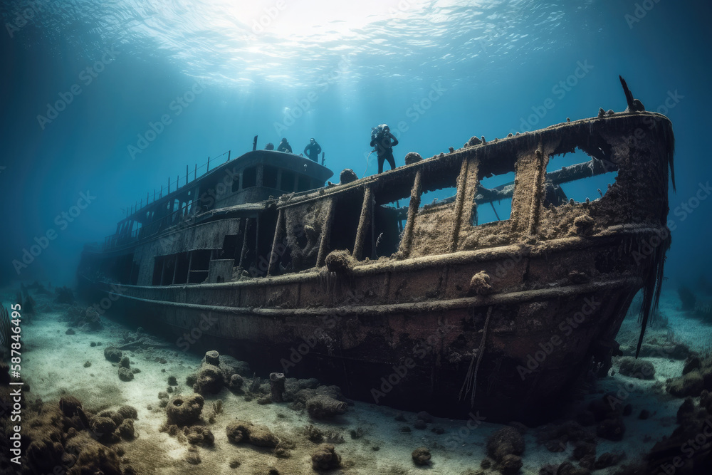 Scuba divers exploring a sunken shipwreck. Underwater mysteries, high quality generative ai