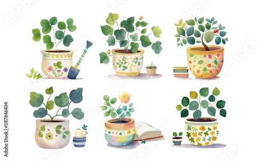 DIY watercolor indoor plant and pots perfect for card, sticker, wall decor and other print design. Transparent Background. Generative AI