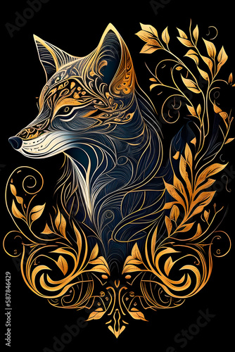 stylized fox in golden paint on black background  fox pattern with ornate details in luxury style  generative ai