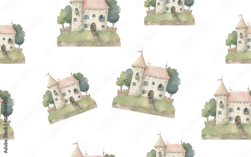 seamless pattern Watercolor cute rural houses and trees. Village architecture landmark, old buildings, countryside summer, old european town. Transparent Background. Generative AI