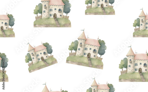 seamless pattern Watercolor cute rural houses and trees. Village architecture landmark, old buildings, countryside summer, old european town. Transparent Background. Generative AI