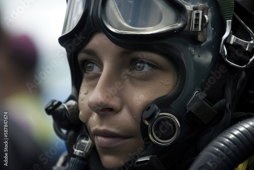 Scuba diver girl face closeup. Diving gear for deep undersea dives. High quality generative ai