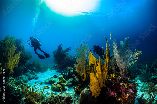 Scuba divers exploring coral reef. Beautiful underwater nature  high quality generative ai
