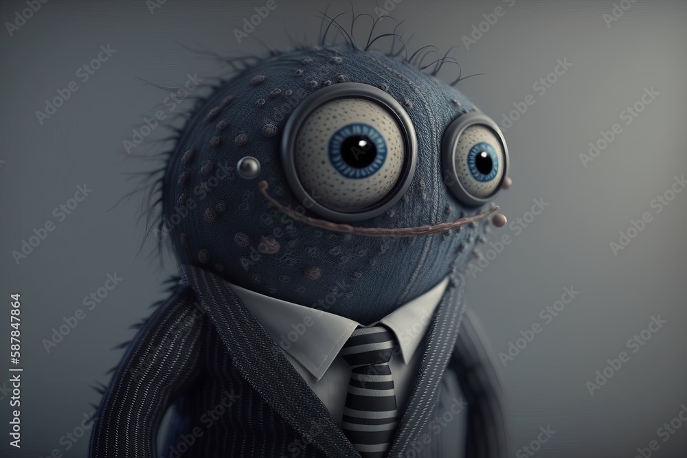 Incredibly Detailed Cute Monster in Pinstriped Suit: 8K Cinematic Shot with Sharpened Details by Marcin Nagraba and Rebecca Millen on White Background, Generative AI - obrazy, fototapety, plakaty 