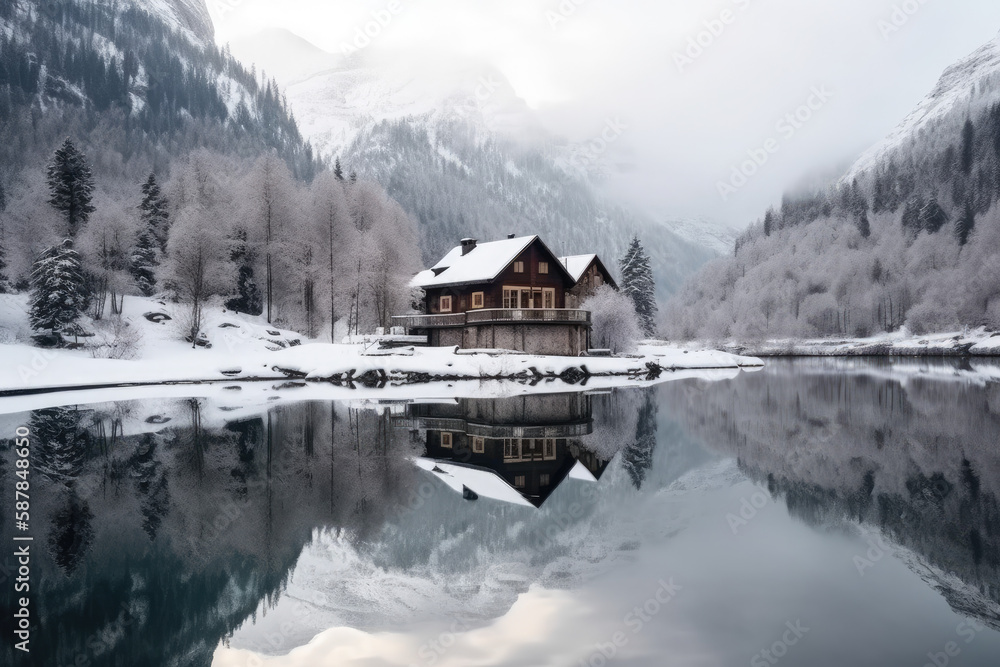 Winter holiday landscape. Сhristmas holiday. Happy holiday house. Cottage in the mountains. Fantastic winter forest landscape, mountains, lake house, generative AI