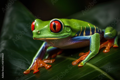Close up of a red eyed tree frog (Agalychnis callidryas) on some leaves, generative AI