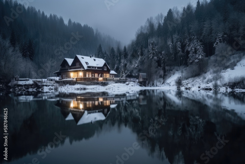 Winter holiday landscape. Сhristmas holiday. Happy holiday house. Cottage in the mountains. Fantastic winter forest landscape, mountains, lake house, generative AI © Kien