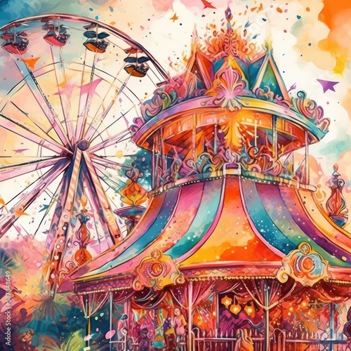 Vibrant carnival with spinning rides and rainbow-colored cotton candy Generative Ai