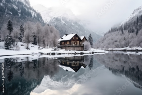 Winter holiday landscape. Сhristmas holiday. Happy holiday house. Cottage in the mountains. Fantastic winter forest landscape, mountains, lake house, generative AI © Kien