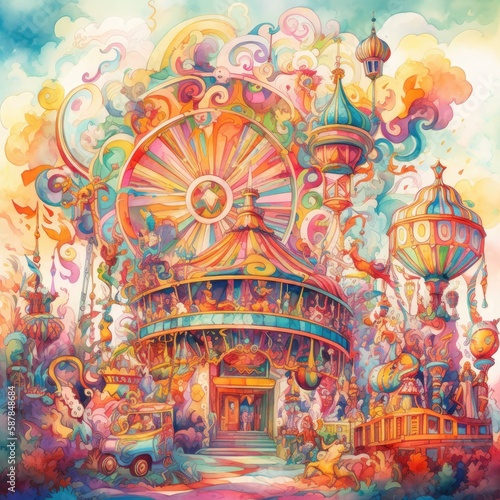 Vibrant carnival with spinning rides and rainbow-colored cotton candy Generative Ai © tnihouse