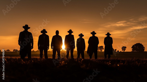 Silhouette image of a group of farmers standing together in a field at sunset