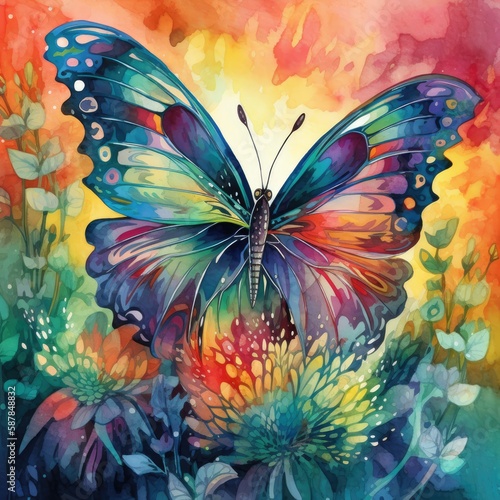 Delightful butterfly fluttering in a rainbow-colored garden Generative Ai © Loveyousomuch