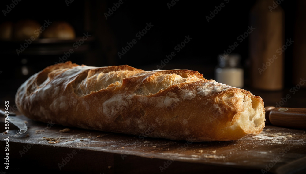 Rustic baguette on wooden table, freshly baked generated by AI Rustic baguette on wooden table, freshly baked generated by AI