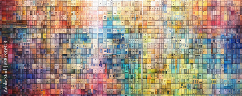 Matrix, grid type colorful mosaic like watercolor abstract. A cover or header for something creative, diverse, or covers a wide range of fields or aspects. Illustration style generative AI. © killykoon