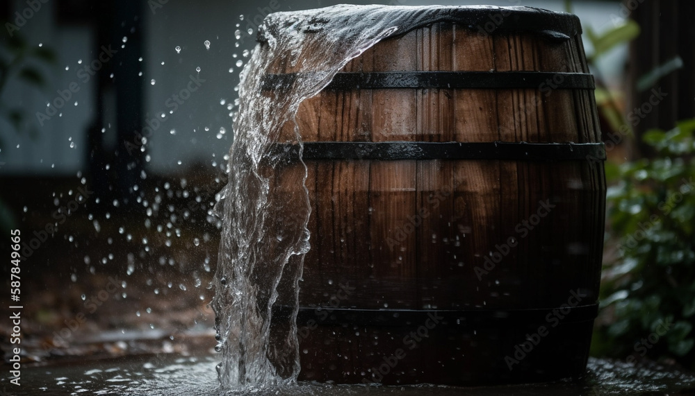 Liquid pouring into barrel, reflecting old winery generated by AI Liquid pouring into barrel, reflecting old winery generated by AI