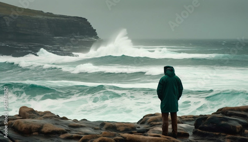 Man standing on cliff overlooking waves and horizon generated by AI