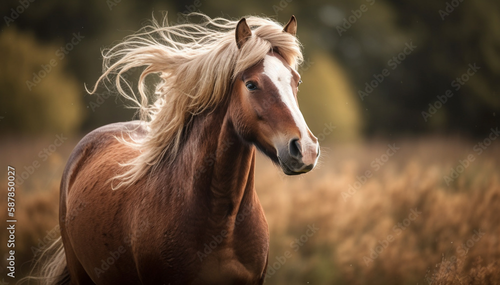 Stallion runs free in green meadow beauty generated by AI Stallion runs free in green meadow beauty generated by AI