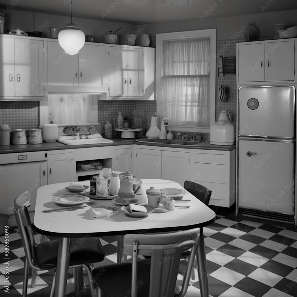 back and white, 1970 kitchen with cabinets and table