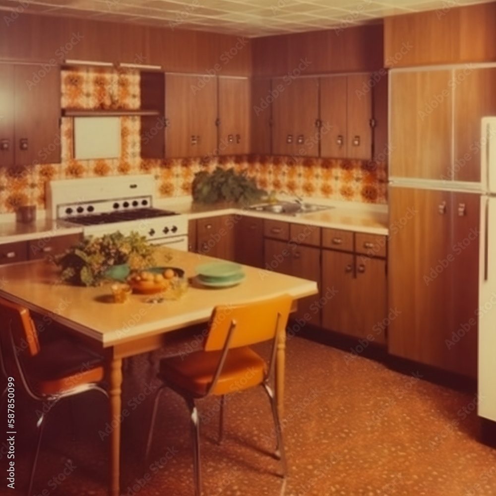 1970 kitchen with cabinets and table
