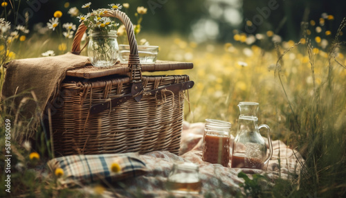 Healthy picnic meals enjoyed amongst sunflowers and nature generated by AI photo