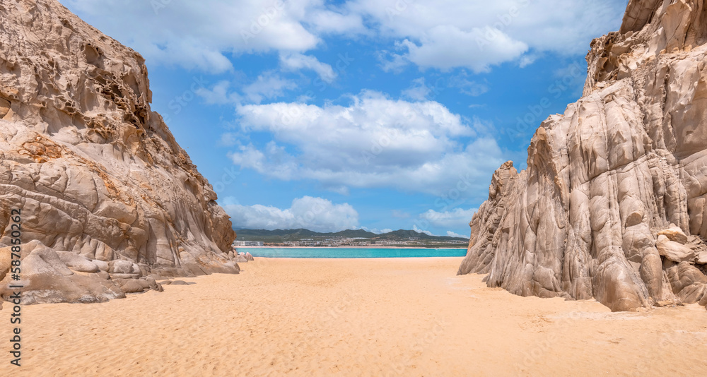 Mexico, Scenic travel destination beach Playa Amantes, Lovers Beach known as Playa Del Amor located near famous Arch of Cabo San Lucas in Baja California