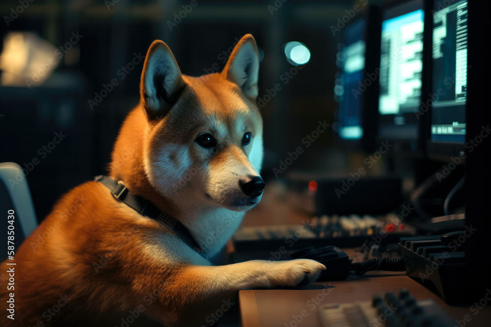 Shiba inu dog as a computer hacker, and using a computer. High quality generative ai