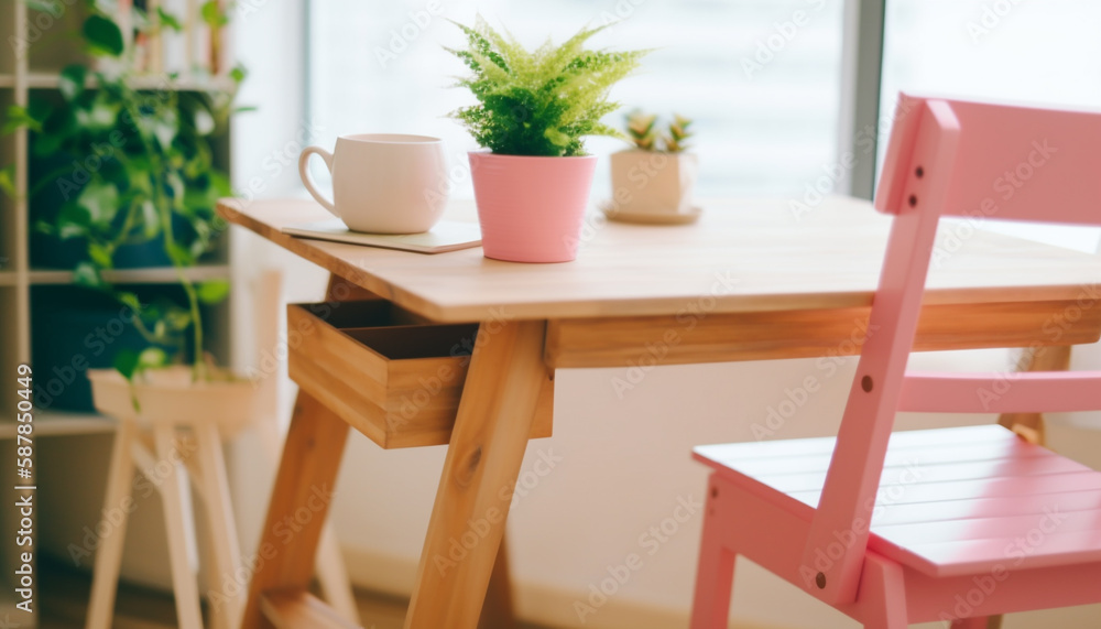 Modern office desk with bright green plant generated by AI Modern office desk with bright green plant generated by AI