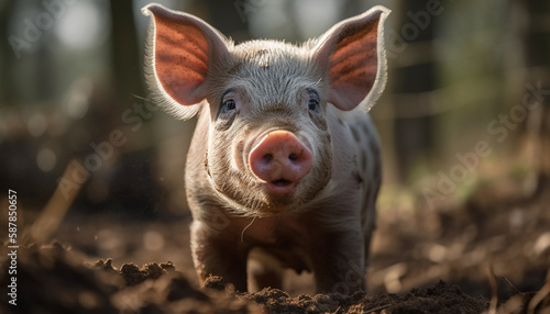 Tiny piglet grazes on lush green meadow generated by AI