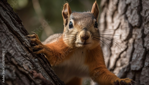 Fluffy squirrel munching on acorns in tree generated by AI