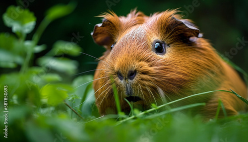 Cute guinea pig eating green grass outdoors generated by AI