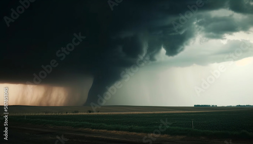 Dramatic thunderstorm over rural mountain landscape at dusk generated by AI