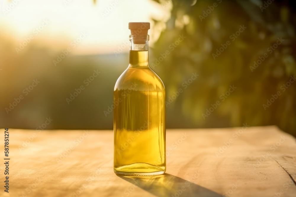 golden olive oil bottle on wooden table 