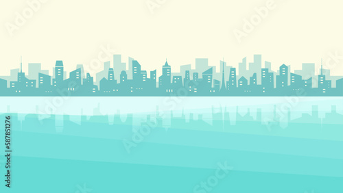 都会の街と海のシルエット風景 高層ビルの街並み背景イラスト